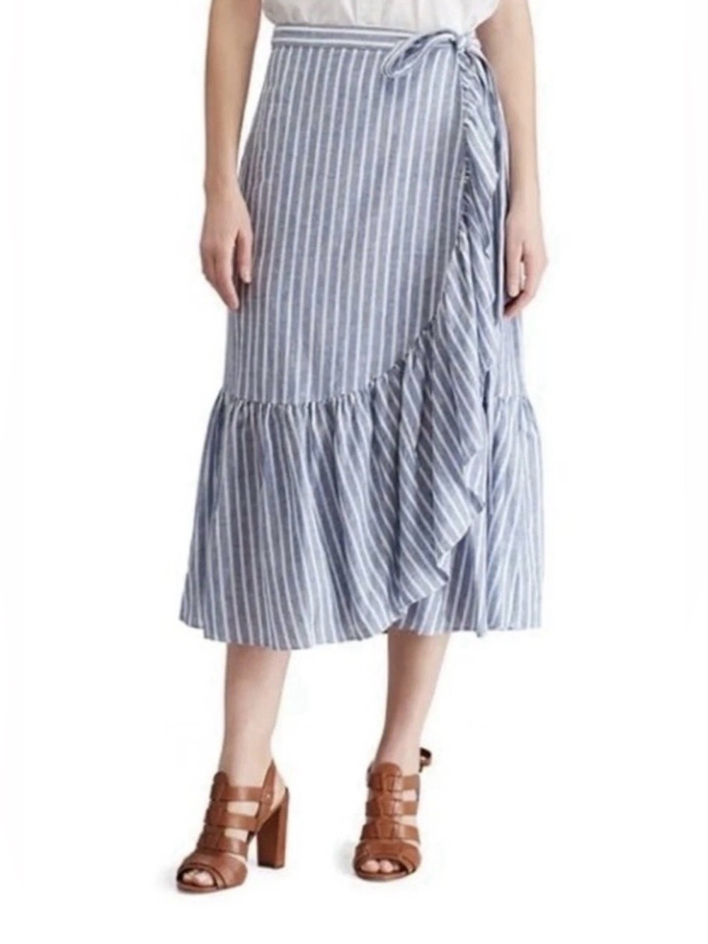 Chaps Striped Ruffled Tiered Wrap midi Skirt linen large